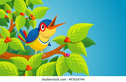 Lone bird singing on the branch of a tree on blue background - Vector image