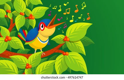 Lone bird singing on the branch of a tree on green background - Vector image