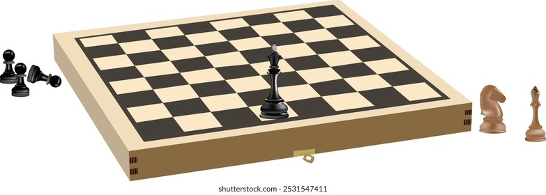 Lone black king stands on a chessboard, surrounded by fallen black pawns and white pieces off to the side