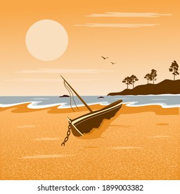 A lone boat abandoned the shore. Vector illustration.