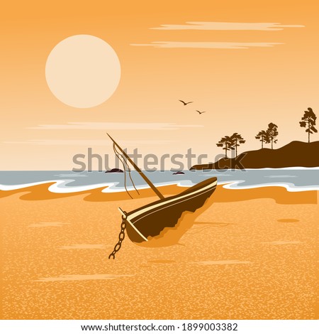 A lone boat abandoned the shore. Vector illustration.