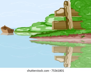 Lone boat floating along the river with reflecting in the water the old fence