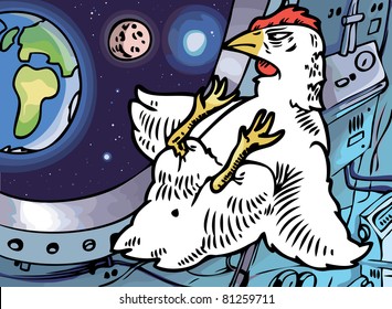The lone brave chicken in a cabin of a space ship is looking at his home planet.
Editable vector EPS v9.0