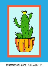 A lone cactus Suitable for greeting cards or home design. Blue-blue frame and bright, tropical colors of vector