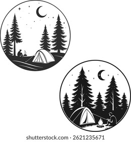  Lone Camper Under Starry Sky – Adventure Tent Scene Silhouette T-Shirt Design