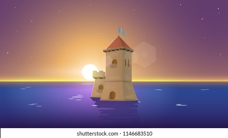 Lone Castle. Global warming make water volume increase, and leaving Lone Castle 