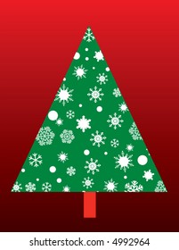 A lone Christmas tree decorated with snow flakes on a red background