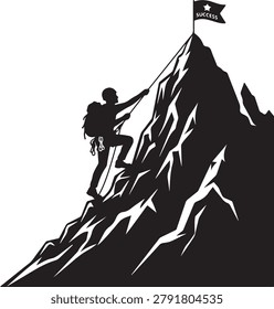 A lone climber in silhouette ascends a rugged mountain peak, triumphantly planting a flag at the summit.