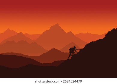 Lone Climber Tackling Steep Mountain Trail at Dusk with Stunning Red and Orange Sunset Sky and Majestic Layered Peaks. Symbol of Strength, Determination, and Nature’s Beauty.