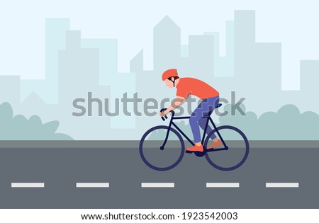 A lone cyclist rides a bicycle on the road. An adult man in a helmet rides a bicycle on the road. There are no cars. Side view. Cyclist. flat vector illustration.