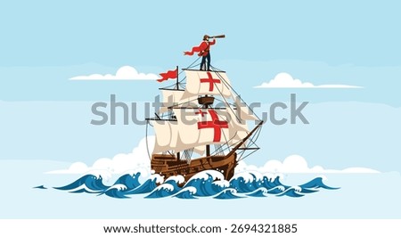 A lone explorer gazes through a spyglass from the top of a sailing ship amidst choppy ocean waves.