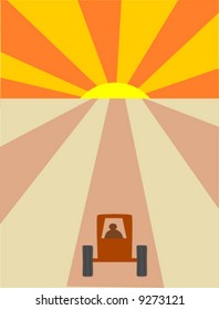 Lone farmer driving his tractor into the sunset.