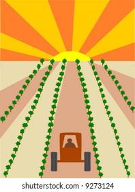 Lone farmer driving his tractor through his field into the sunset.