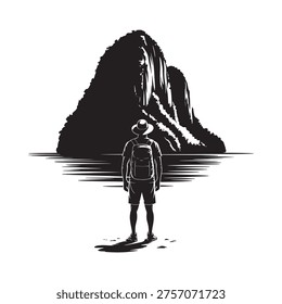 A lone figure contemplates a dramatic silhouetted mountain landscape