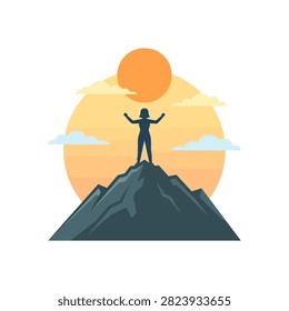A lone figure stands with arms raised in victory atop a rocky mountain summit, silhouetted against a bright sun and cloudy sky.