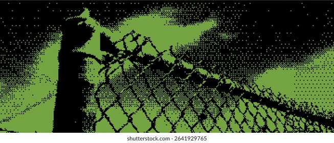 A lone figure stands by a chain-link fence, silhouetted against a twilight sky.  Bitmap y2k zine bg. 