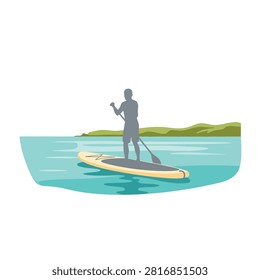 A lone figure stands on a paddleboard, holding a paddle, enjoying a serene moment on the water.