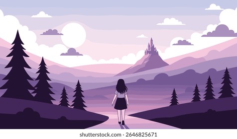A lone figure walks towards a distant castle under a pastel sky in a pixel art landscape