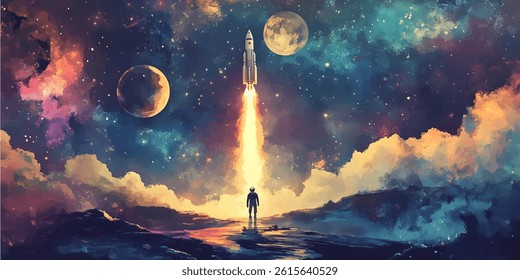A lone figure watches a rocket launch into the cosmos.