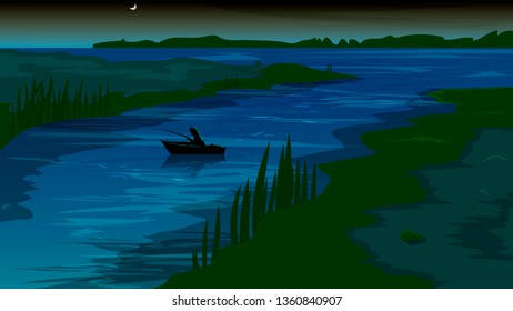 A lone fisherman in a boat is fishing on a river before the morning. natural landscape. author's work. vector image