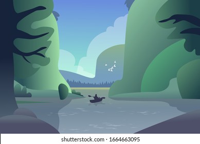 A lone fisherman is kayaking on a narrow river in the forest. Vector illustration.