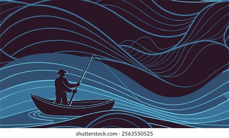 Lone Fisherman in Surreal Night Waves Art Print