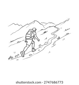A lone hiker ascends a mountain path in a simple line drawing