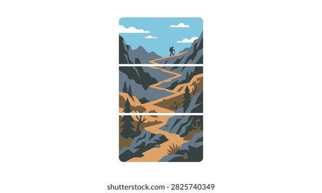 A lone hiker traverses a winding path through mountainous terrain.