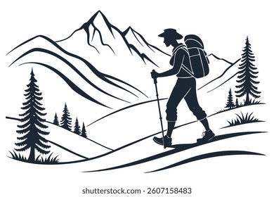 a lone hiker walking through a mountainous landscape