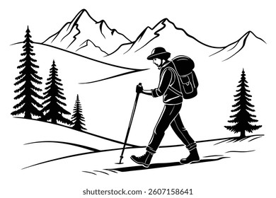 a lone hiker walking through a mountainous landscape