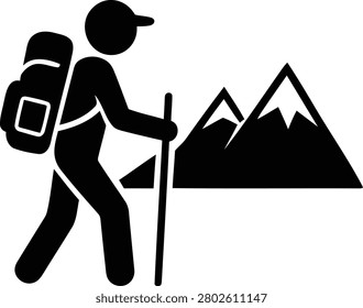 Lone hiker wearing a backpack walks past snowy mountain peaks in this minimalist vector graphic illustration designed for outdoor adventure and travel concepts.