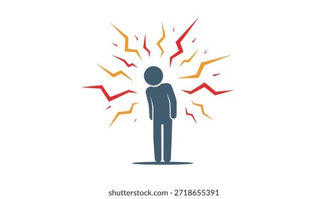 A lone human figure shows head pain and stress with tense posture