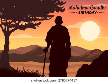 A lone human silhouette with a walking stick in a stylized graphic scene, set against a warm sunset landscape background, symbolizing peace and reflection. Vector illustration