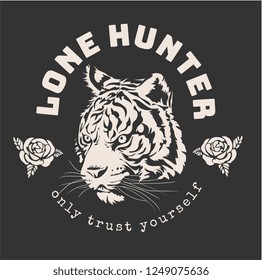 lone hunter slogan with tiger head and roses illustration