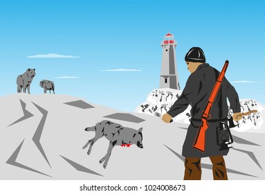 A lone hunter of wolves. Vector illustration.