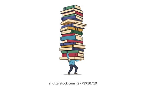 A lone individual struggles to carry an extremely tall, precarious stack of multicolored books overhead against a clean white background.