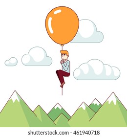 Lone man flying in the sky over mountains on a big inflatable air balloon holding to the rope.  Modern flat style minimal thin line vector illustration isolated on white background.  