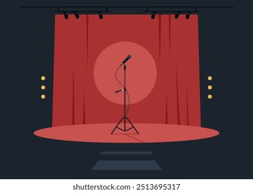 A lone microphone stands ready on a circular red platform, surrounded by warm spotlights, offering an inviting atmosphere for performers and audiences alike