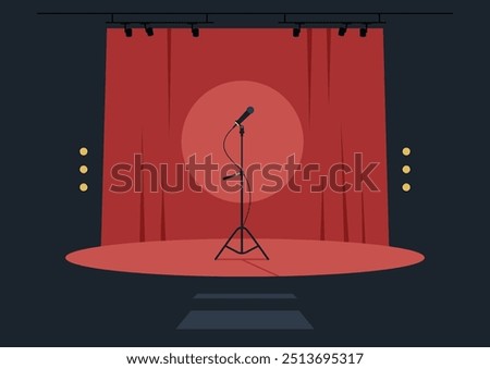 A lone microphone stands ready on a circular red platform, surrounded by warm spotlights, offering an inviting atmosphere for performers and audiences alike