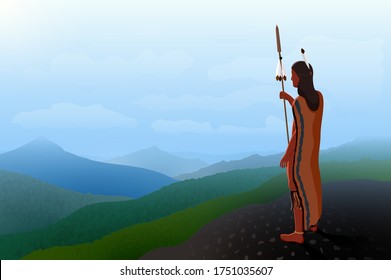 Un único guerrero nativo americano con lanza se alza en una montaña alta y mira a lo lejos. Ilustración vectorial.