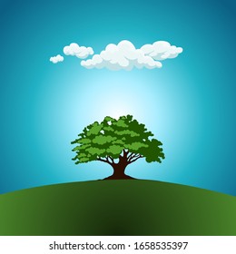 Lone Oak tree stand in green curved landscape with white clouds on blue sky background .vector illustration.