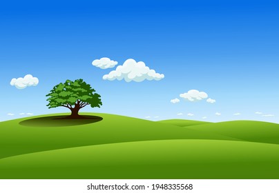 Lone Oak Baum stehen in grüner, gekrümmter Landschaft mit weißen Wolken auf blauem Himmelshintergrund .Vektorgrafik.