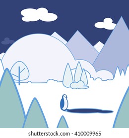 
A lone penguin in the wilderness contemplating a large puddle. He is surrounded by trees and mountains and igloo looking hills  below a dark sky with clouds floating by
