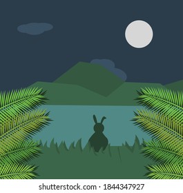 A lone rabbit in the forest at night