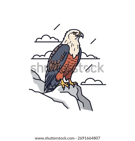 A lone raptor stands on a rugged rock with distant clouds, exuding strength and vigilance