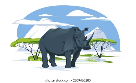 A lone rhinoceros in a savannah landscape. Wild animals of Africa. Vector flat illustration