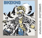 A lone skeleton biker, driving a motorcycle, on a mountain range wearing a leather jacket, sunglasses, and leather gloves, and enjoying the holiday ride.