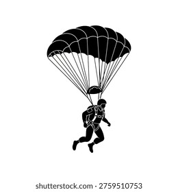 A lone skydiver is captured in mid-air, gracefully descending with an open parachute against a stark white background, emphasizing the thrill of extreme sports.