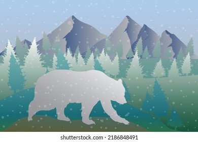 Lone Snowbear, Trees And Mountains,animal Faceto Snow And Winter