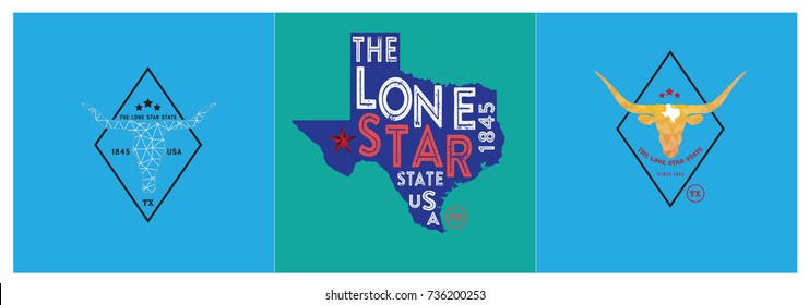 the lone star state - texas nickname with map and longhorn, set of 3